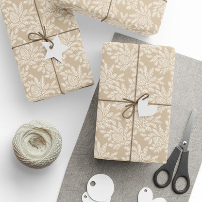 Neutral Botanical Wrapping Paper | Roll, Beige Floral Pinecone Pattern
