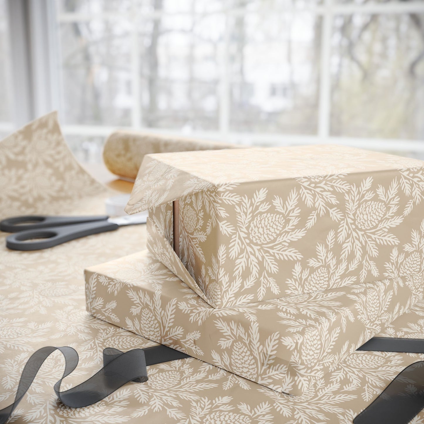 neutral botanical wrapping paper | roll, beige floral pinecone pattern