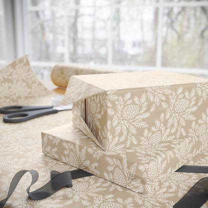 Neutral Botanical Wrapping Paper | Roll, Beige Floral Pinecone Pattern