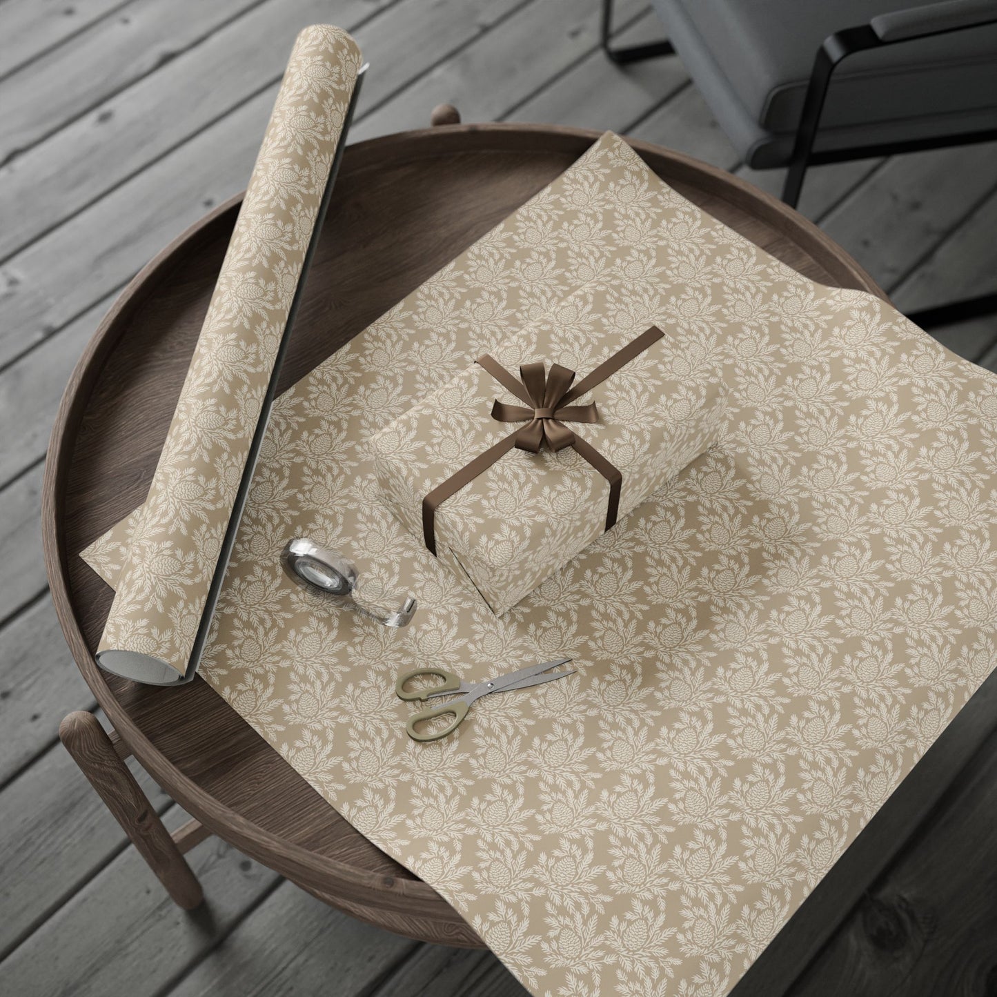 neutral botanical wrapping paper | roll, beige floral pinecone pattern