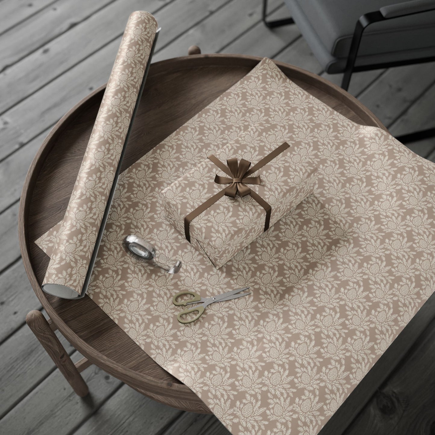 copy of neutral botanical wrapping paper | roll, beige floral pinecone pattern